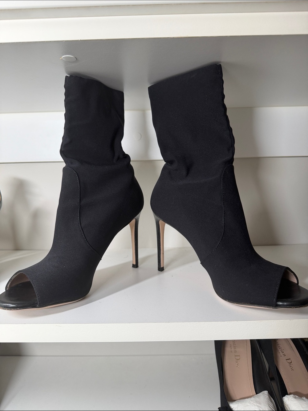 Stuart Weitzman Hugger Black Micro Open Toe Booties 7.5